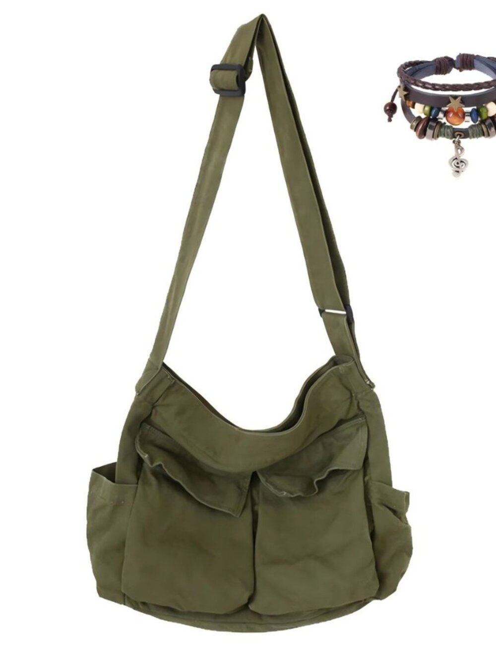 Large Canvas Messenger Bag for Women Men, Crossbody Bag with Bracelets